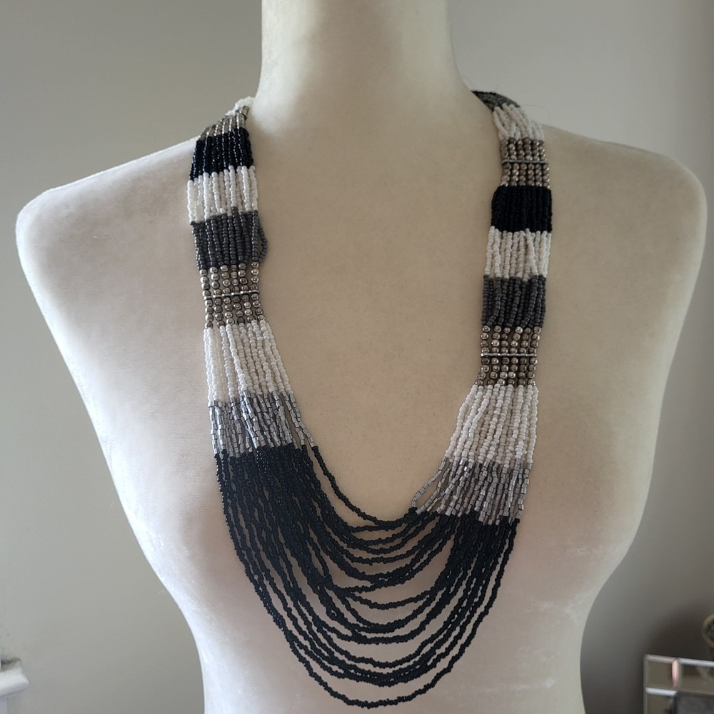 Long Seed Beaded Multi Layered Black White‎ Statement Necklace